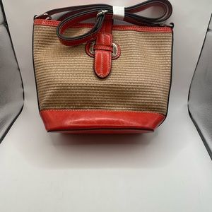 Mondani Lara Bucket Crossbody Purse in Poppy straw with leather MSRP $60 NWT